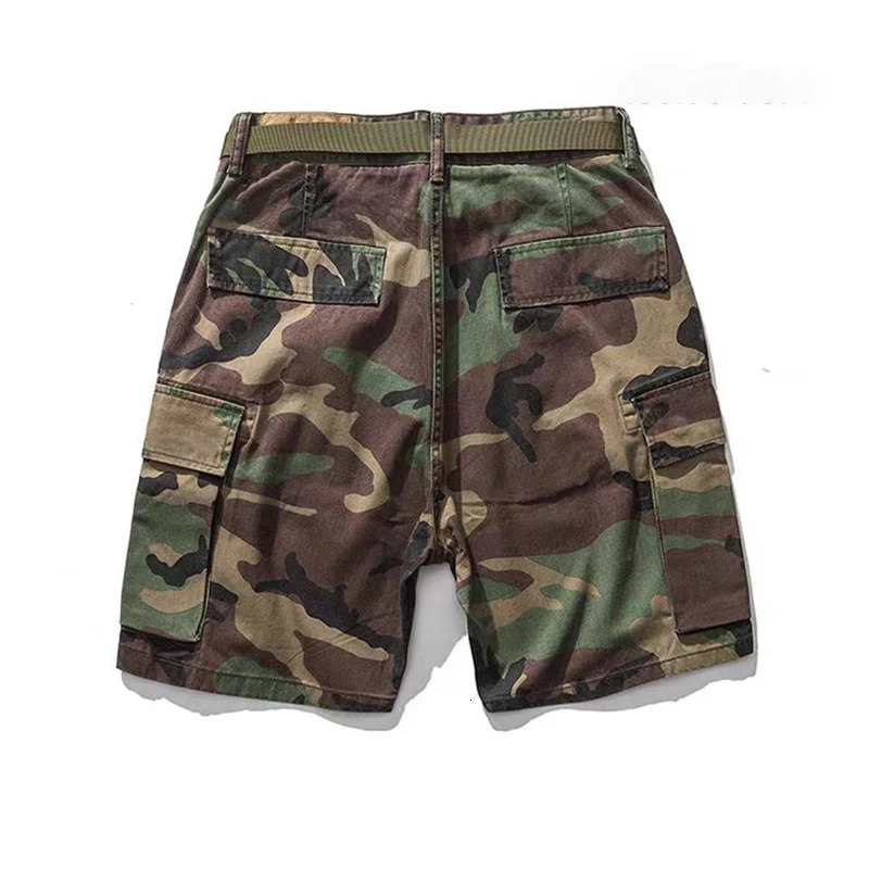 Trendy Camouflage Cargo Shorts Mens Summer American Belt Multi-Flap Pocket Pants Mid-Pants Loose Casual Trousers 250310