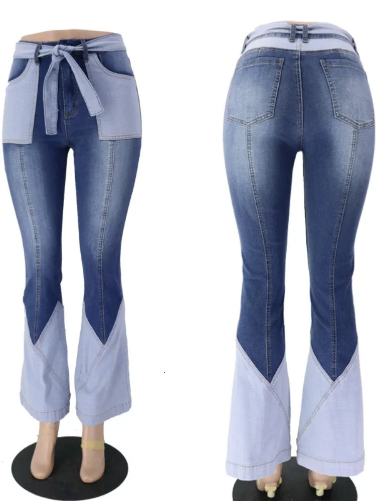 Retro Highwaisted Jeans Women Splicing European and American Clothing Denim Flared Pants Casual Trousers 250311