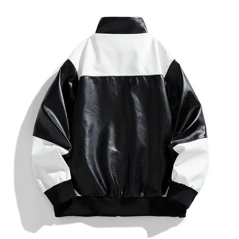 Mens Leather Clothing 2024 Autumn New patchwork Color Trend Print Outdoor Cycling Motorcycle Suit Men Versatile Leather JacketT250311