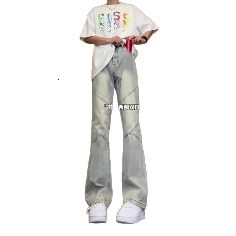American Washed Blue Jeans Men s Fashion Designer Streetwear Versatile Splicing Trend Straight Tube Slim Fit Casual Pants 2025 New Trend