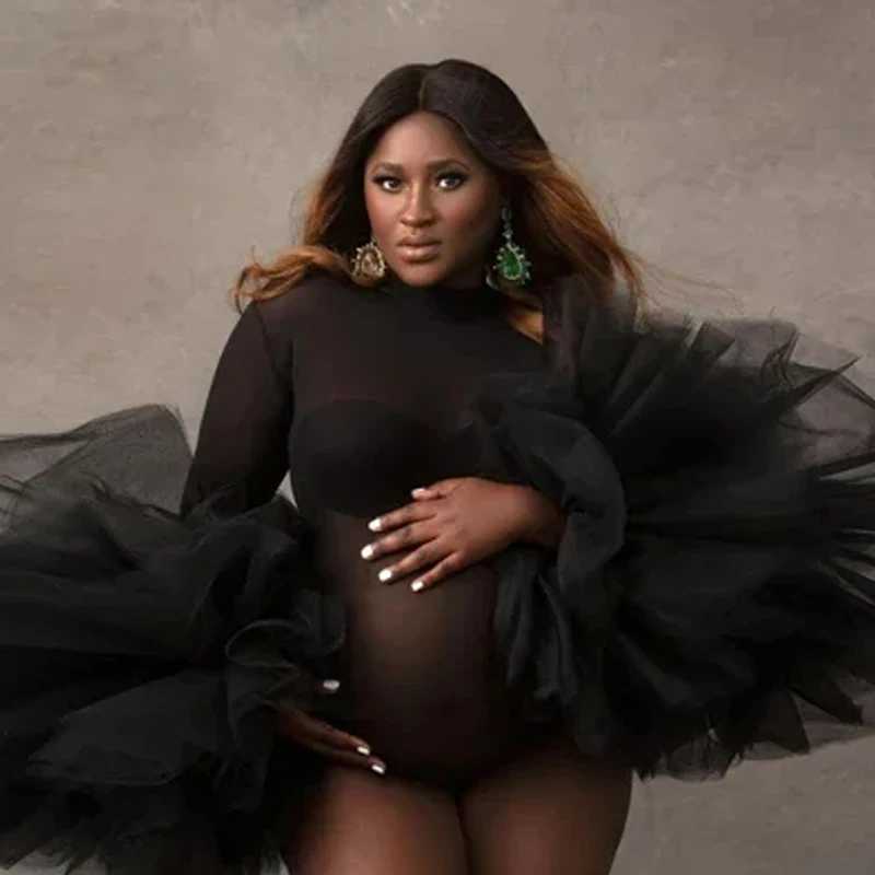 Maternity Photography Props Bodysuit Puffy Ruffled Sleeve Photography Bodysuit Black See Through Tulle Dress For Pregnant Women X250224