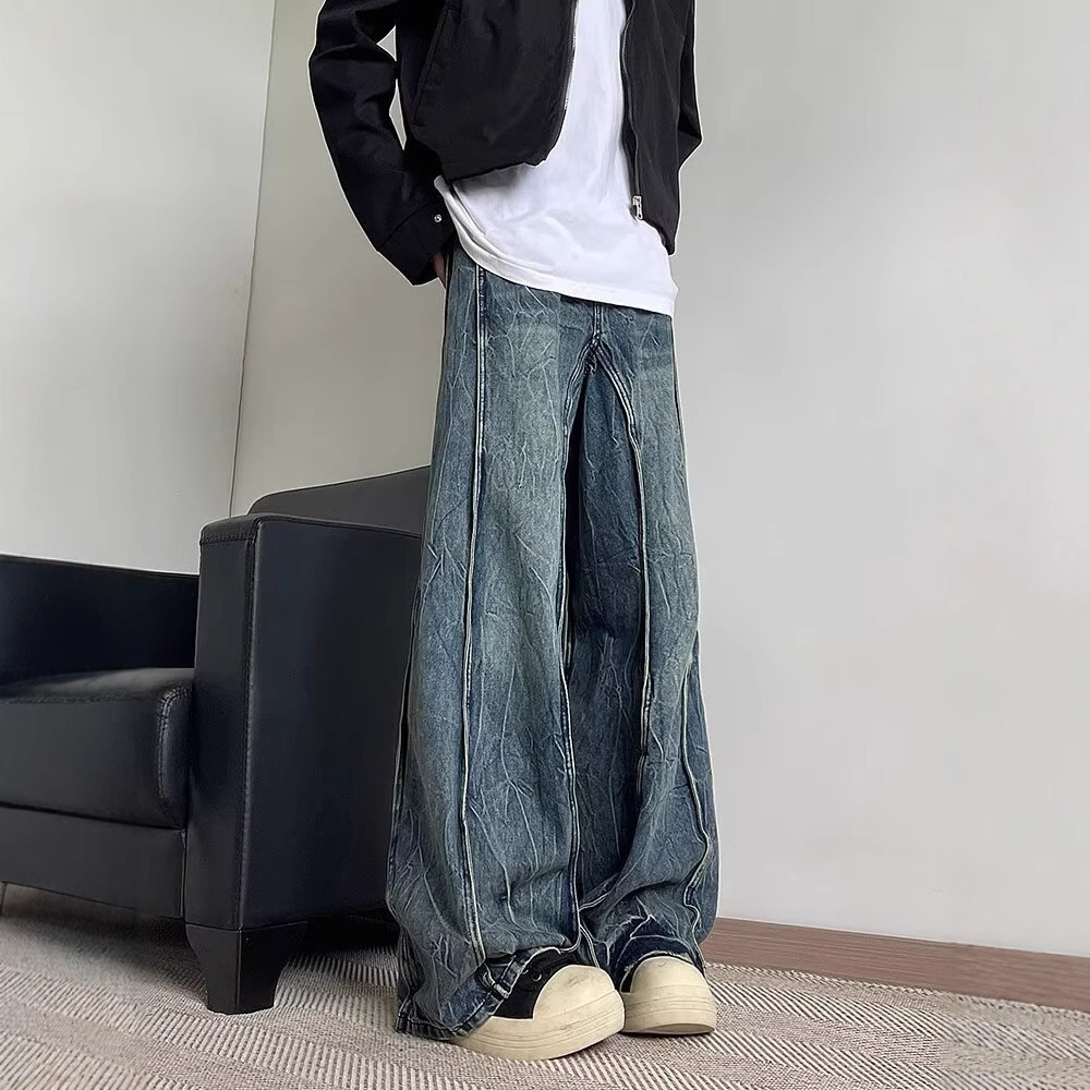 American High Street Straight Tube Lightning Pattern Jeans Wash And Splice Design Multifunctional Fashion Designer Original High quality Men s Pants C