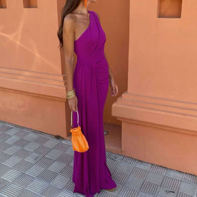 2025 Spring New Women's Clothing Elegant And Fashionable Solid Color Shoulder Long Dress KLMY