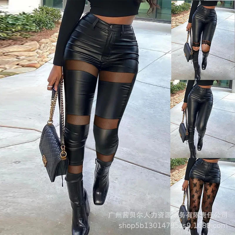 Leather Pants Women Slim Fit Button Midi Waist Pencil Pants Solid Lace Splice Capris Spring 2024 Slight Strech High Street 250305
