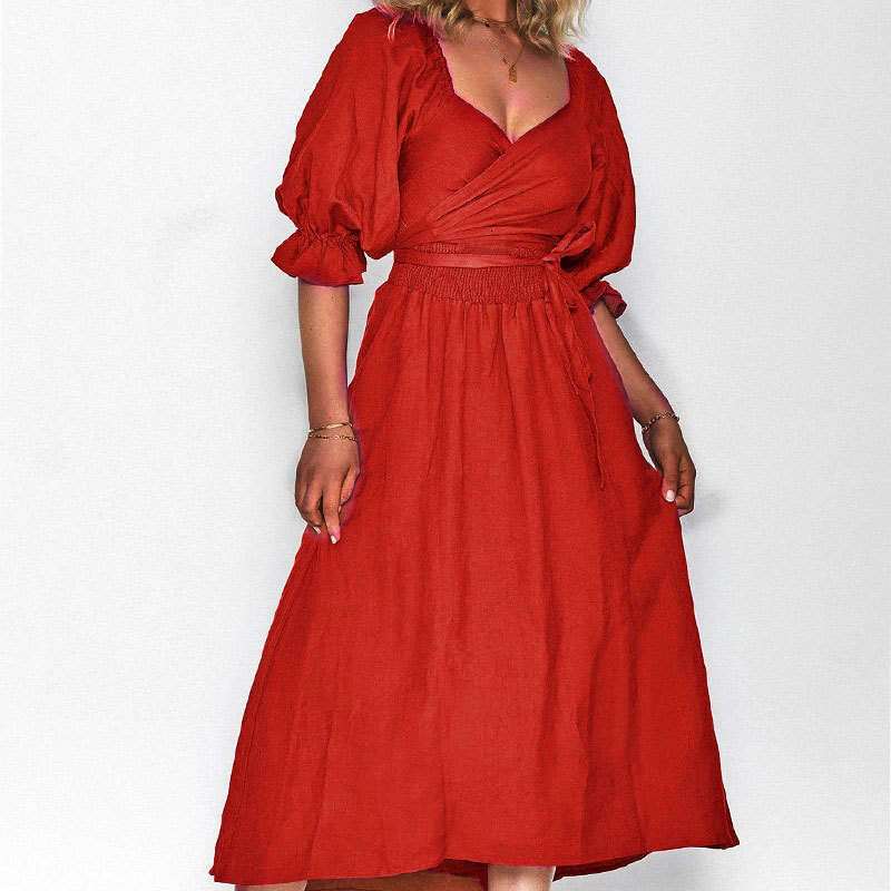 2025 Women's New Sexy Trendy Bubble Sleeve V-Neck Loose High Waist Dress For Women KLMY