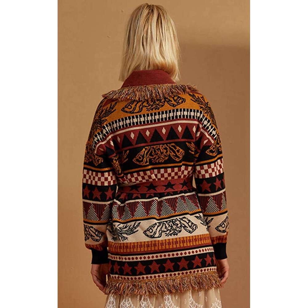 Autumn/Winter Thickened Ethnic Style Sweater Cardigan Loose Jacquard Mid Length Coat With Tassel Knit