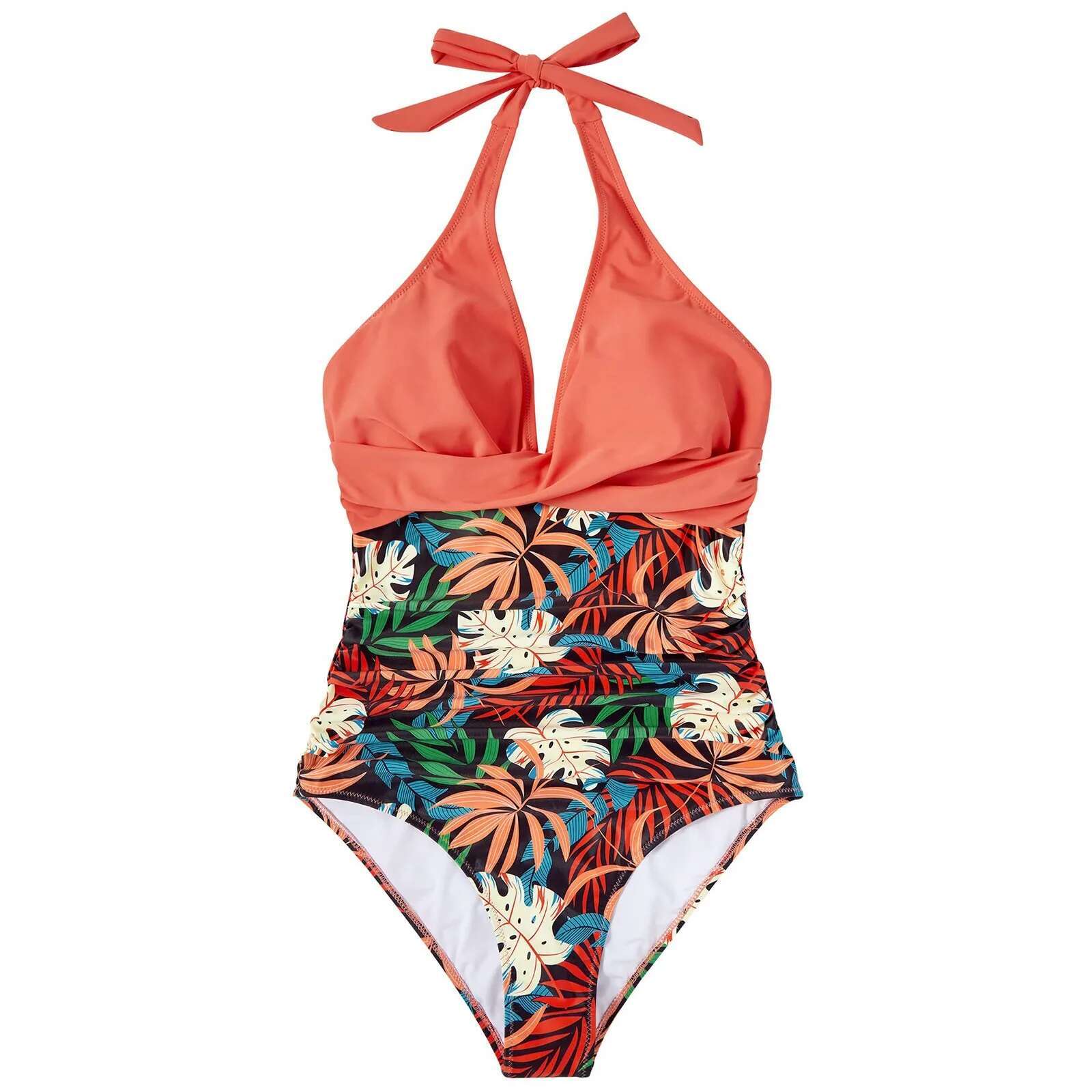Sexy Bandage One-Piece Bikinis Push Halter Ruched Deep V Neck Backless Lace Up Bathing Suit Patchwork Tummy Control Monokini