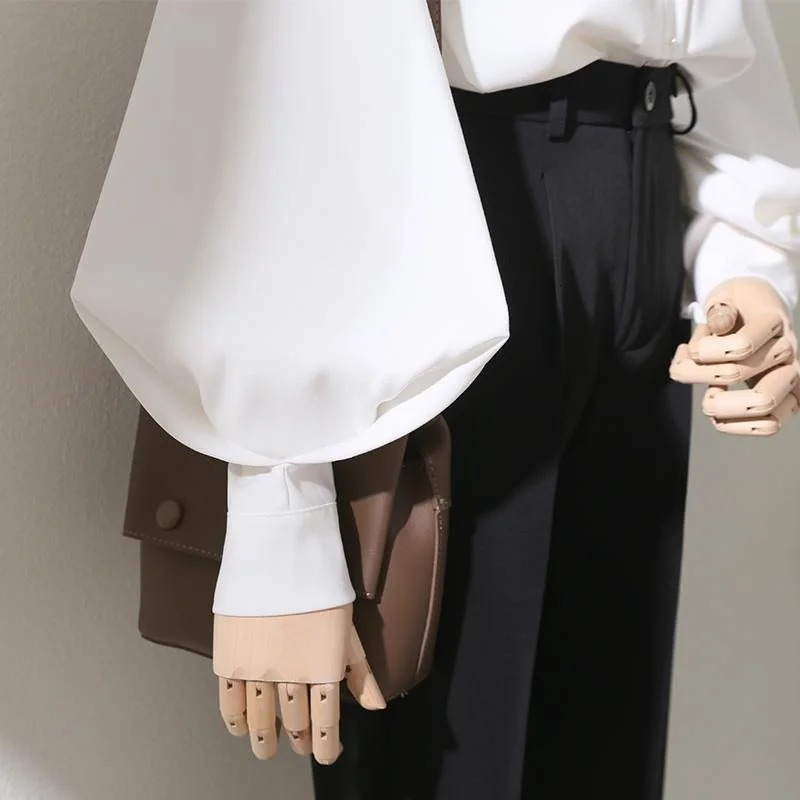 Womens Spring Autumn Style Blouses Shirt Lady Long Lantern Sleeve Stand Collar Loose Blouse Tops DF4847 250311