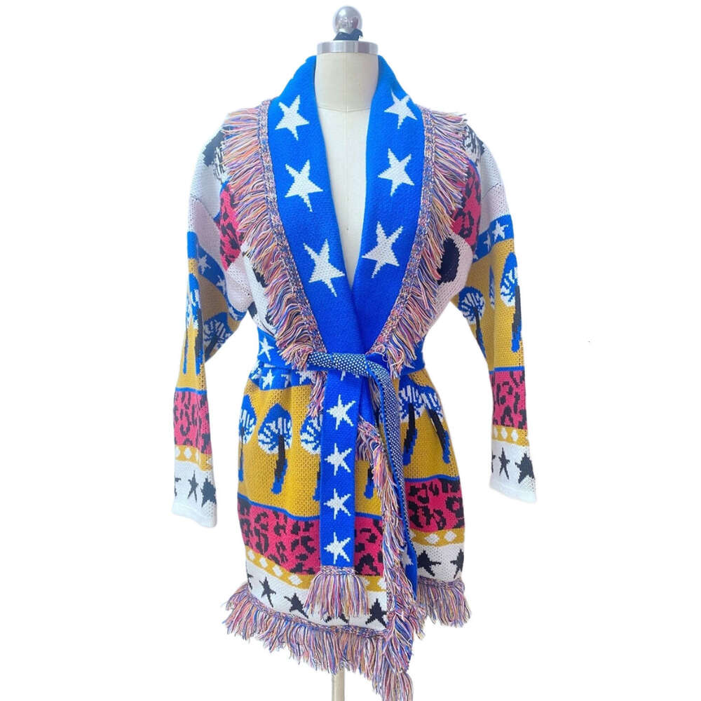 Niche Star Jacquard Long Sleeved Knitted Cardigan Fashionable Loose Bohemian Mid Length Jacket For Women