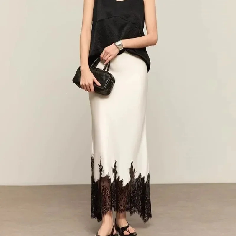 Fairy LaceTrim Midi Satin Skirt High Waist Elegant Wrapped Hip Long Skirts Party Fashion Trends Summer Women Clothing 250311