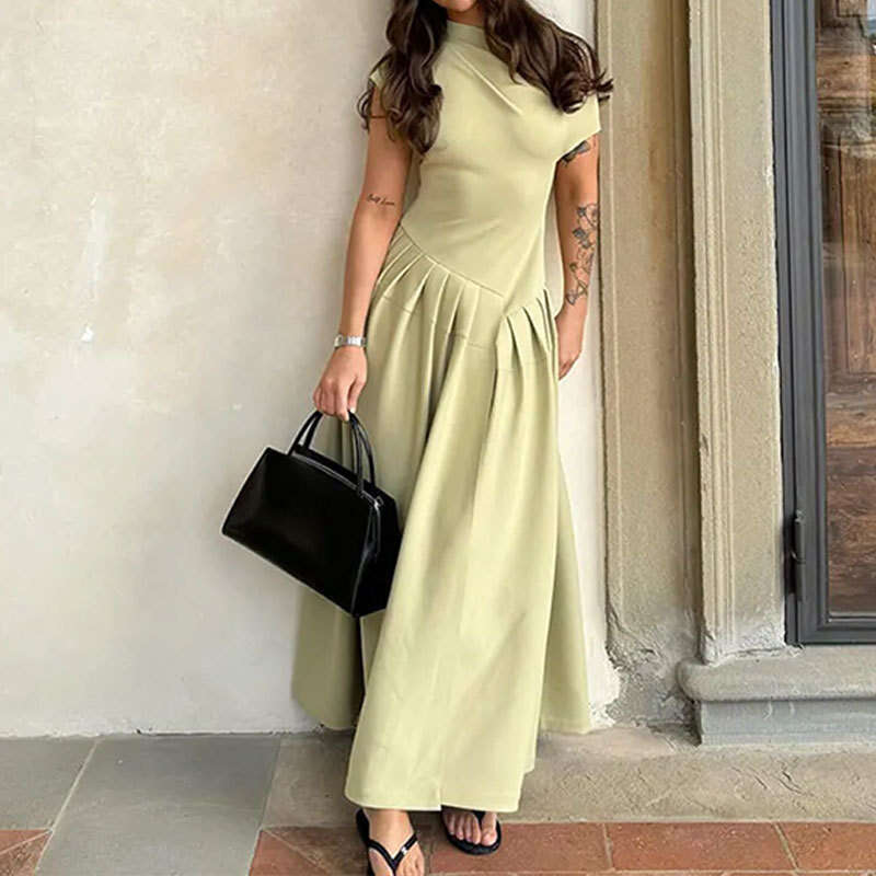 2025 New Women's Solid Color Round Neck Sloping Shoulder Irregular Pleated Spring Dress For Women 661 KLMY