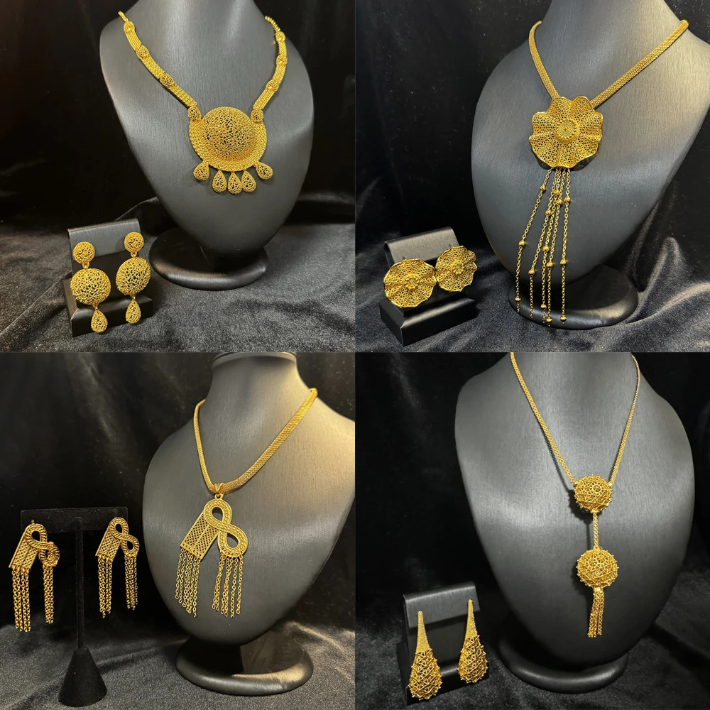 Dubai 24K Gold Long Jewelry Set Wedding African Necklace Earrings Nigerian Women Indian Bridal Party Gift 250311