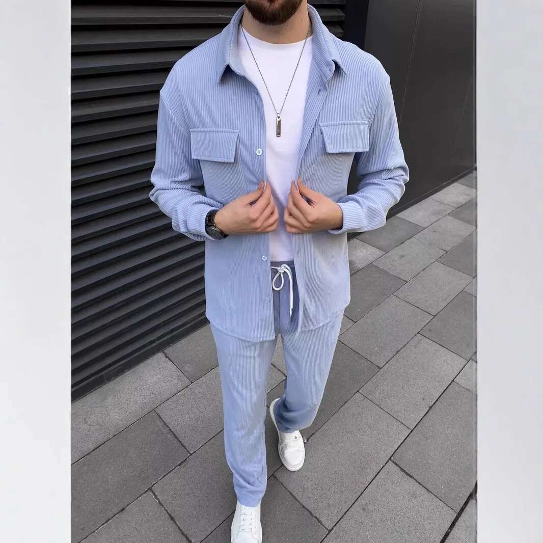 Men Corduroy Two Piece Sets Solid Long Sleeve Lapel Button Slim Coats & Pants Fashion Cargo Casual Trend Streetwear Mens Suits