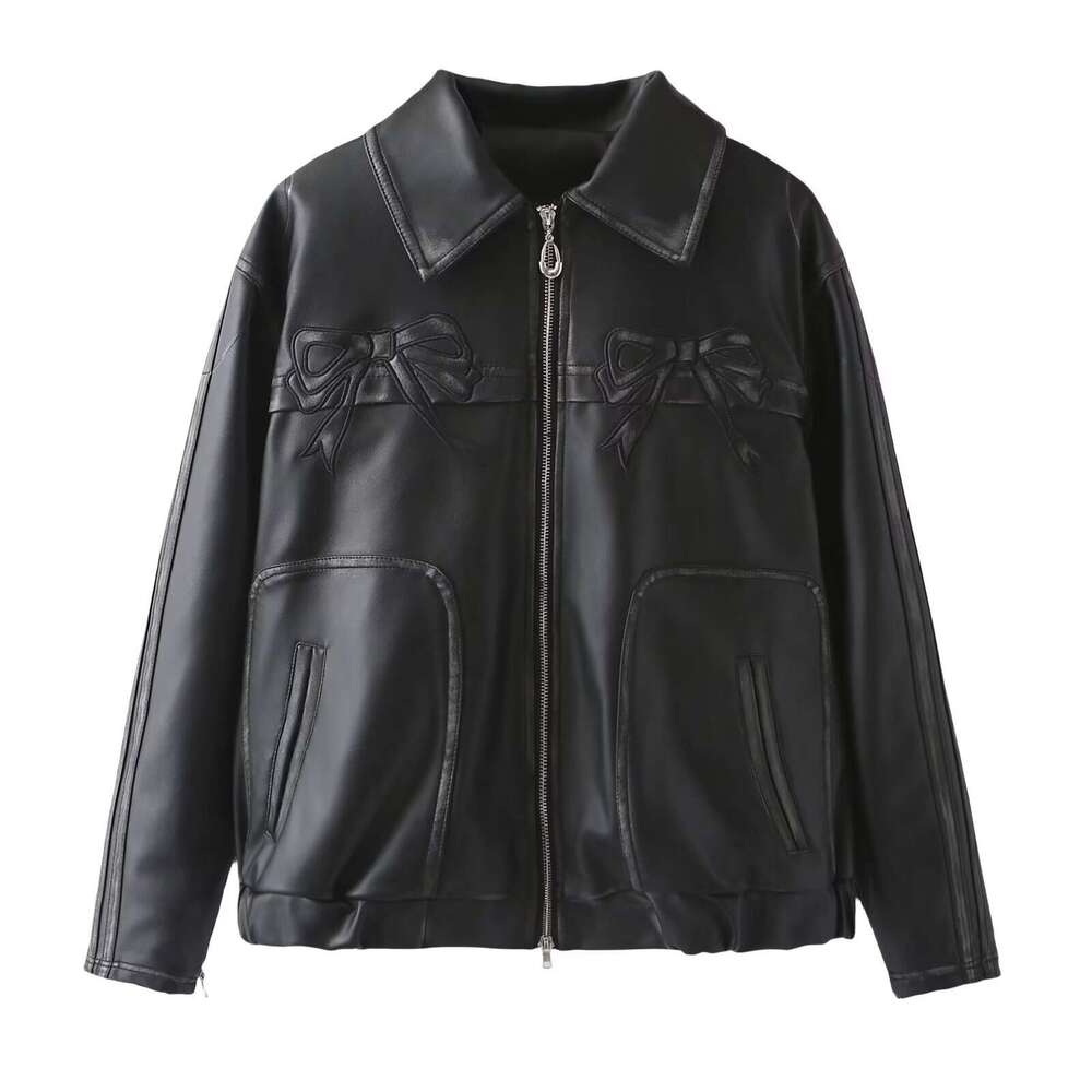 2024 Spring New Product Women's Wear Washing And Returning Process Bow Embroidery Imitation Leather Jacket W034 24001