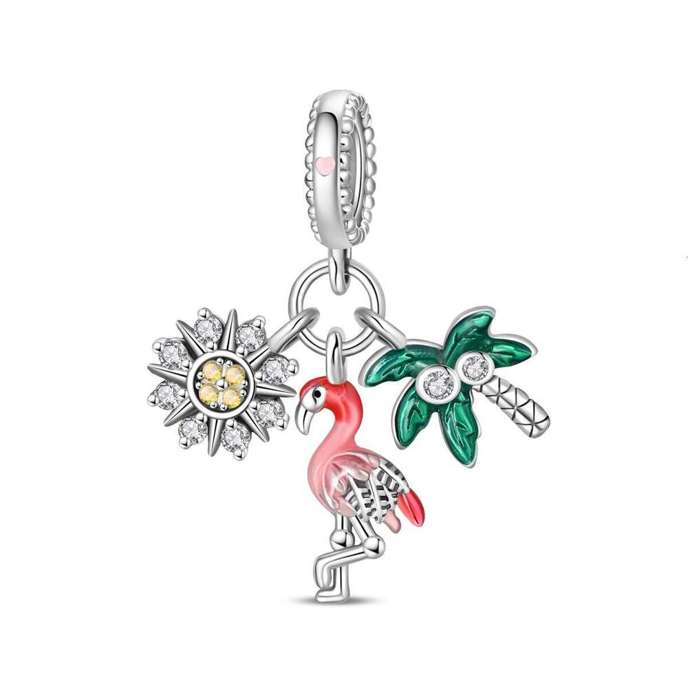 New 925 Sterling silver Flamingo Charms Sun Flower Pendant Beads FIT DIY Jewelry Accessories Bracelet 925 Sterling silver jewelry gift for women