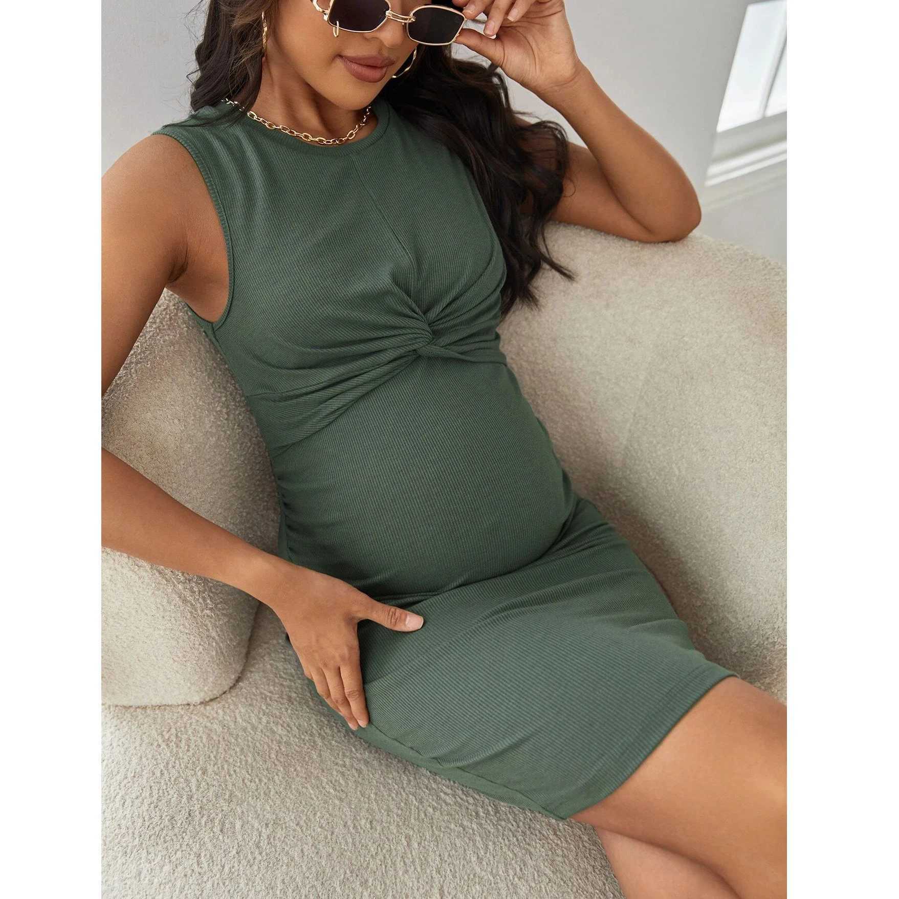 Pregnancy Dresses Summer Maternity Clothes Temperament Fallow Twist Rib Knit Solid Color Sundress Clothing for Maternal WomenT250311
