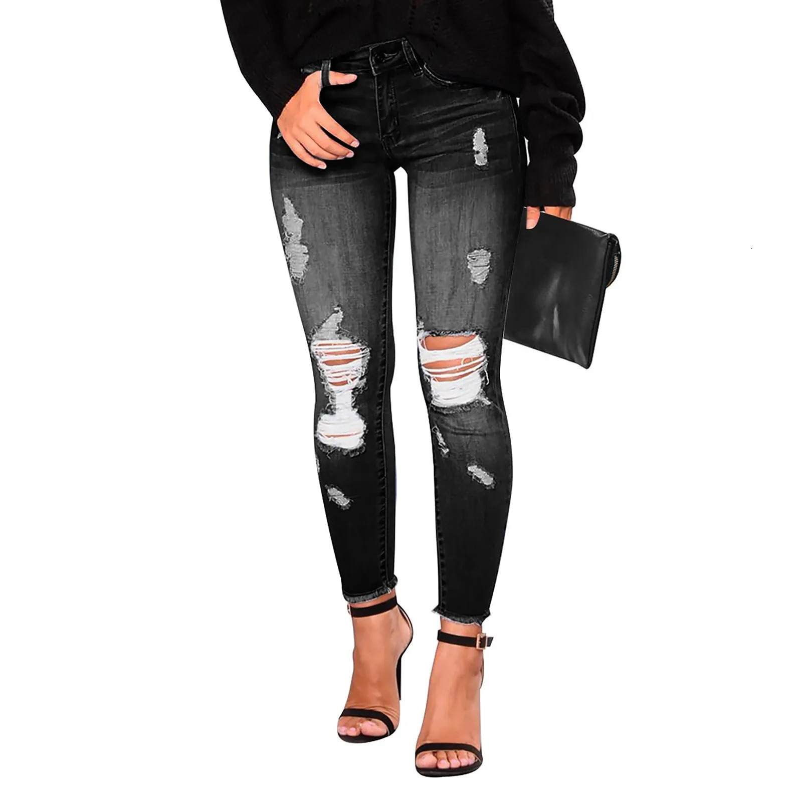 Hip Hop Tear Trouser Womens Tight Trend Jeans Retro 90s Extreme Stretch 250311