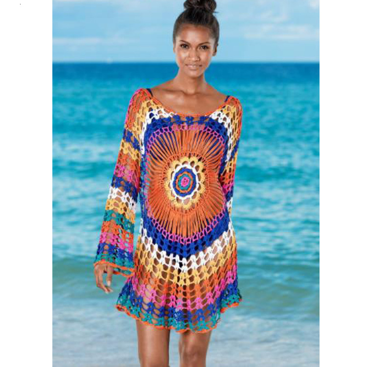 Handmade Crochet Rainbow Beach Knitted Hollow Out Loose Long Sleeved Bikini Swimsuit Cover, Outer Layer