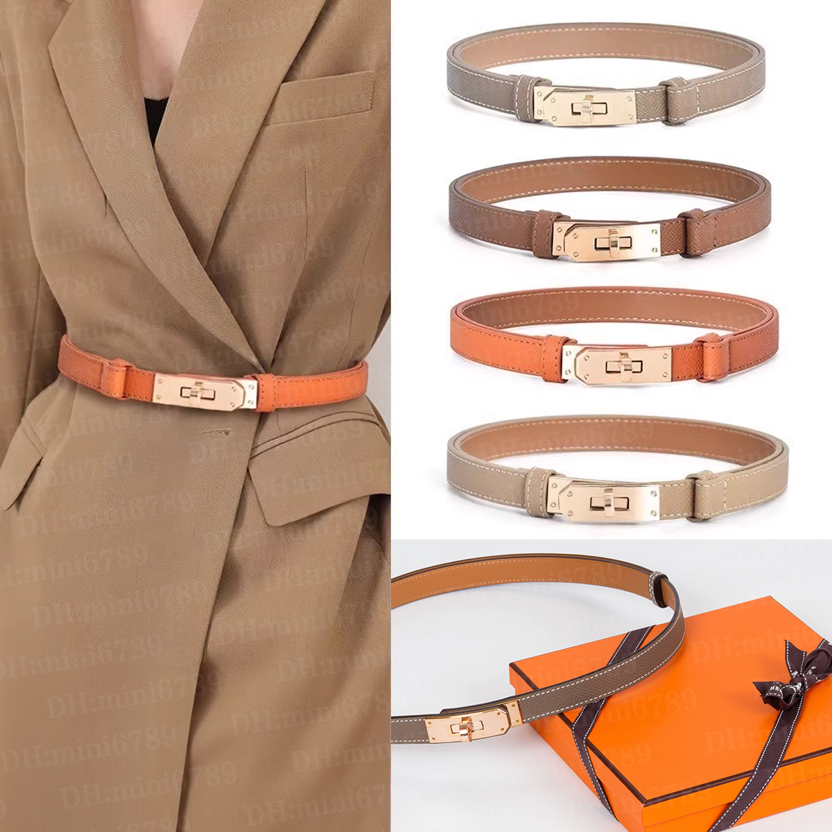 Women Dress Belts Orange Black Simple Graceful Waistband For Dresses Thin Small Metal Buckle Smooth Narrow Quiet Leather Designer Belt Top
