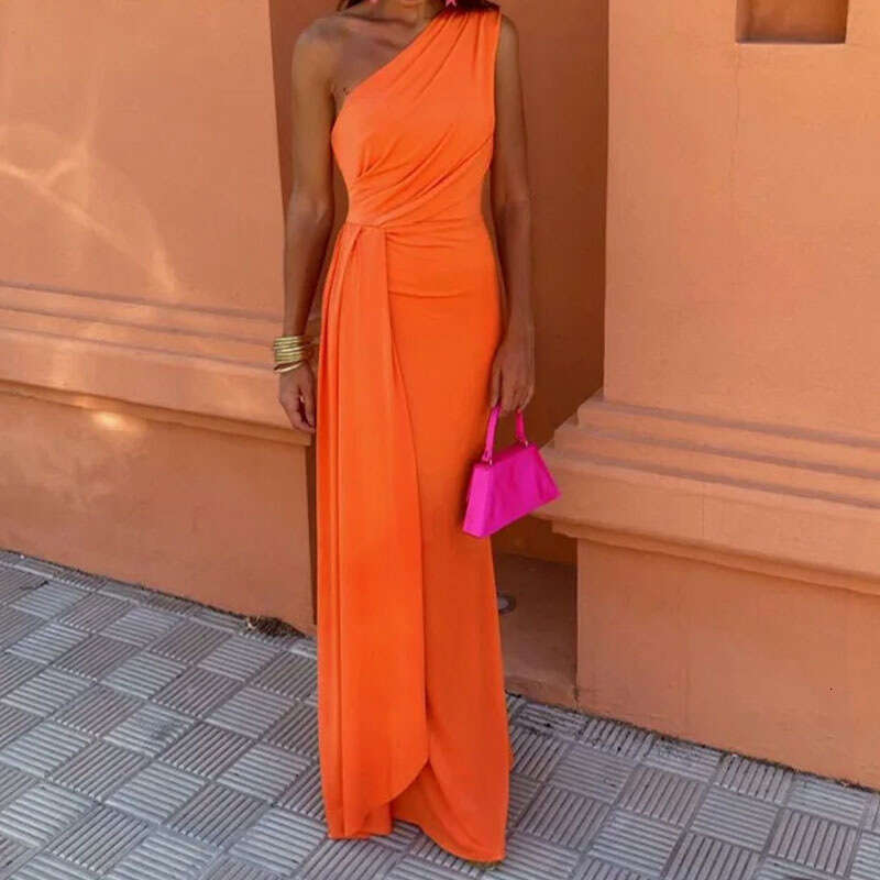 2025 Spring New Women's Clothing Elegant And Fashionable Solid Color Shoulder Long Dress KLMY