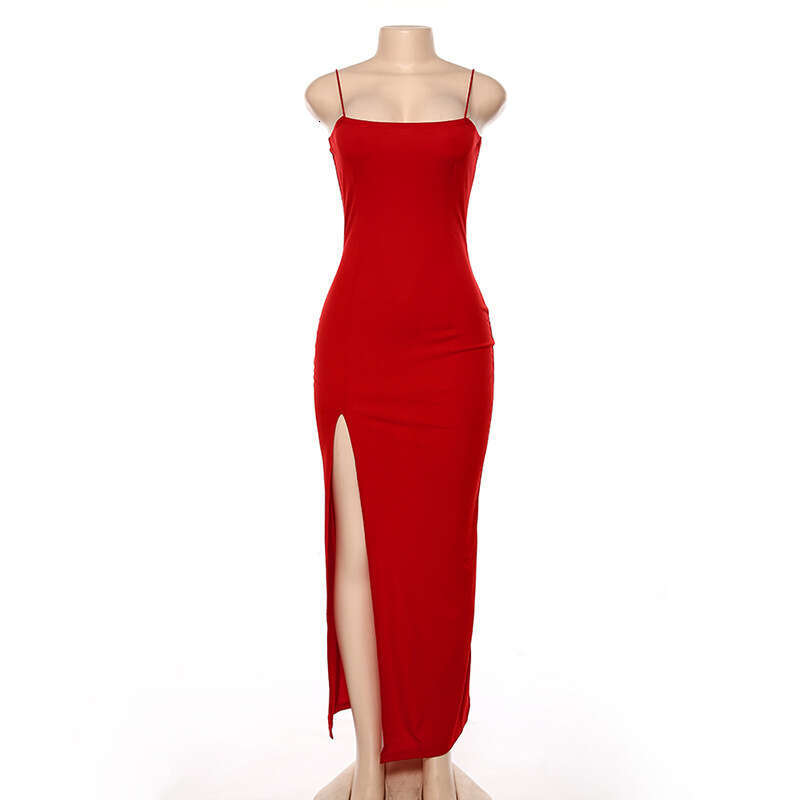 European Station 2021 Summer Women's Strap One Collar Slimming Bareback Sexy Split Dress 2025 New Casual Versatile Fashion Clothing