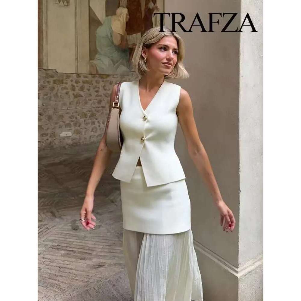 TRAFZA Women 2 Piece Set Chic V-Neck Sleeveless Button Knitted Vest Top+Splicing High Waist Side Zipper Ankle-Length Skirt TRAF