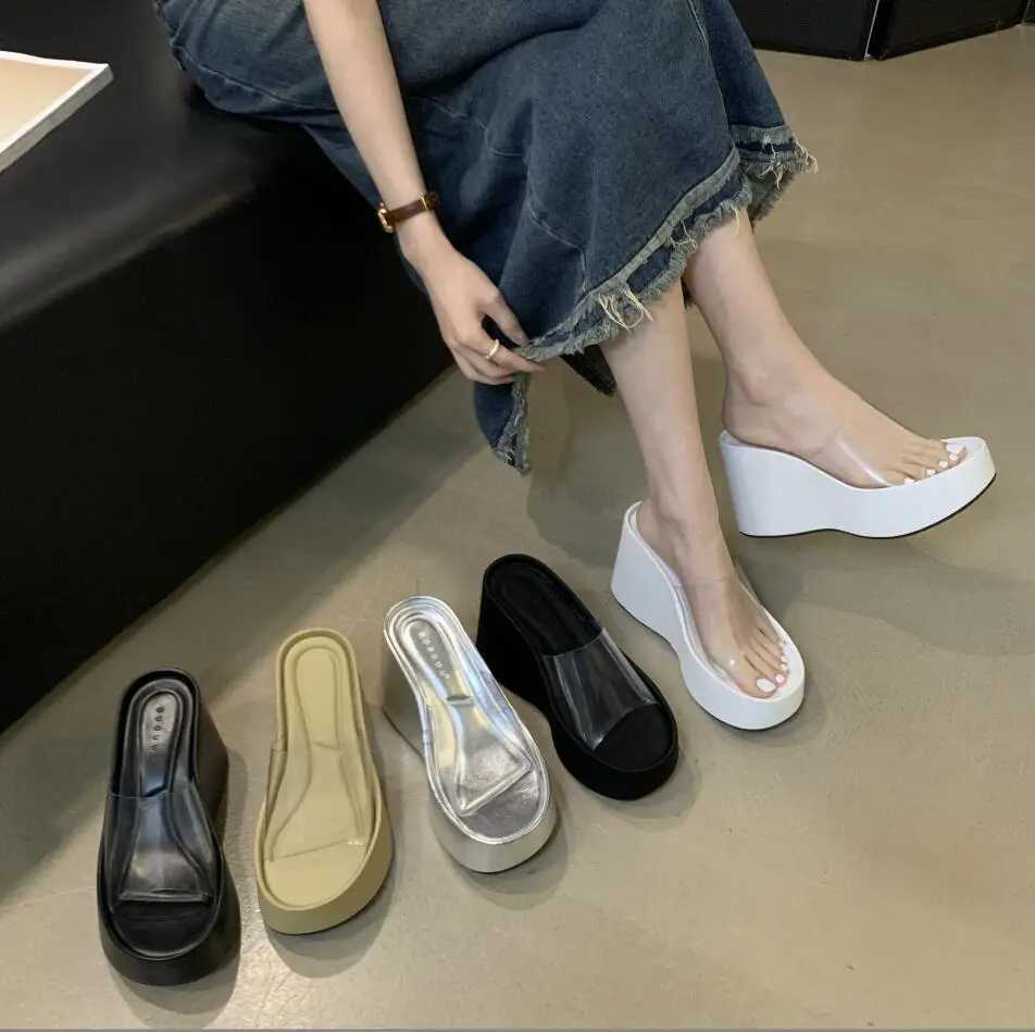 Summers Chunky Womens Slide Fi Elegant PVC Transparent Platform Wedge High Heels Slide Womens Casual Outdoor Beach SandalsXJ250311