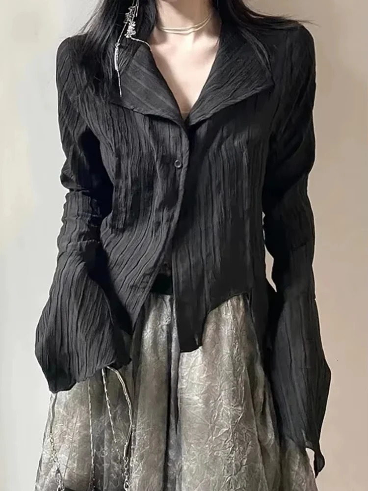 Black Harajuku womens retro streetwear Y2K shirt sexy Gothic long sleeved irregular fashion ultrathin spring top 250311