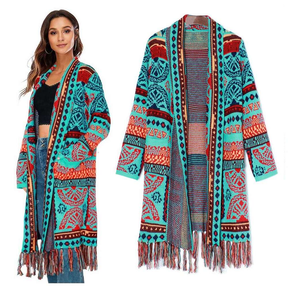 Spring And Autumn New Style Lapel Long Cardigan Peacock Green Bohemian Fringe Knitted Jacquard Jacket