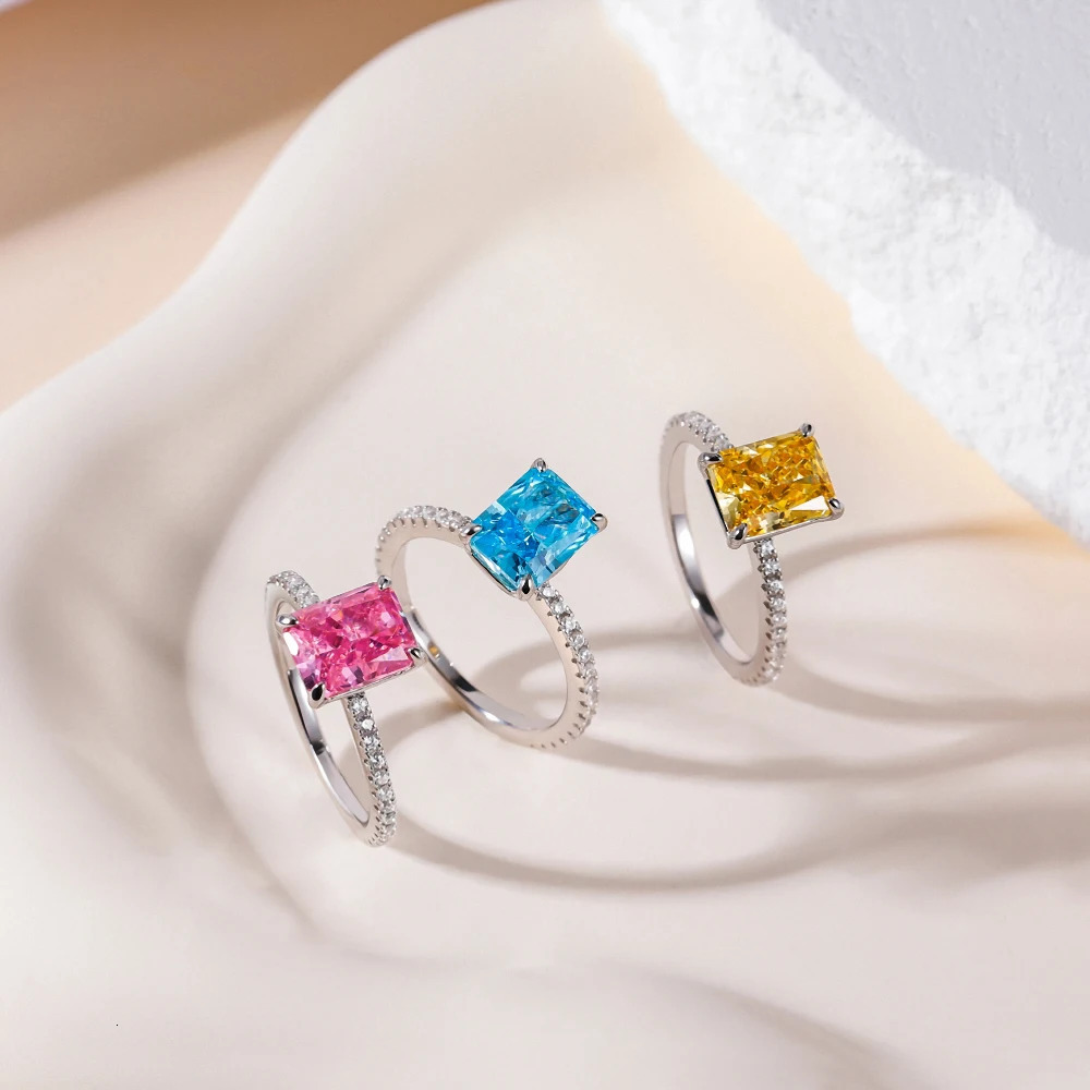 Trumium 3CT 925 Sterling Silver Pink Rectangle Ice Cut 8A Zirconia Rings for Women Gem Engagement Wedding Fine Jewelry Wholesale 250311