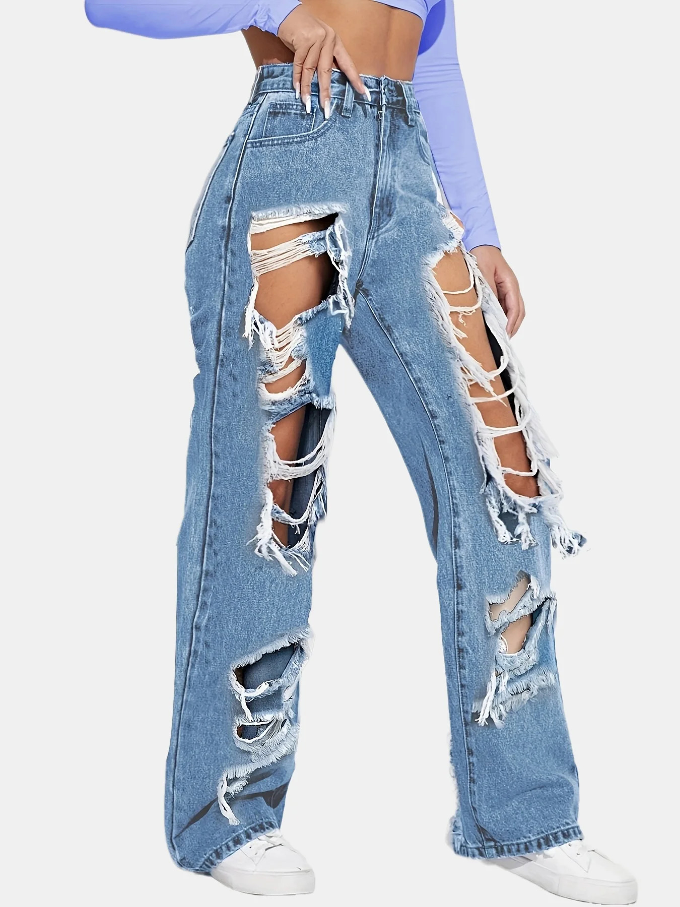 Blue high waisted straight jeans ripped holes loose fitting womens denim and clothing 250311