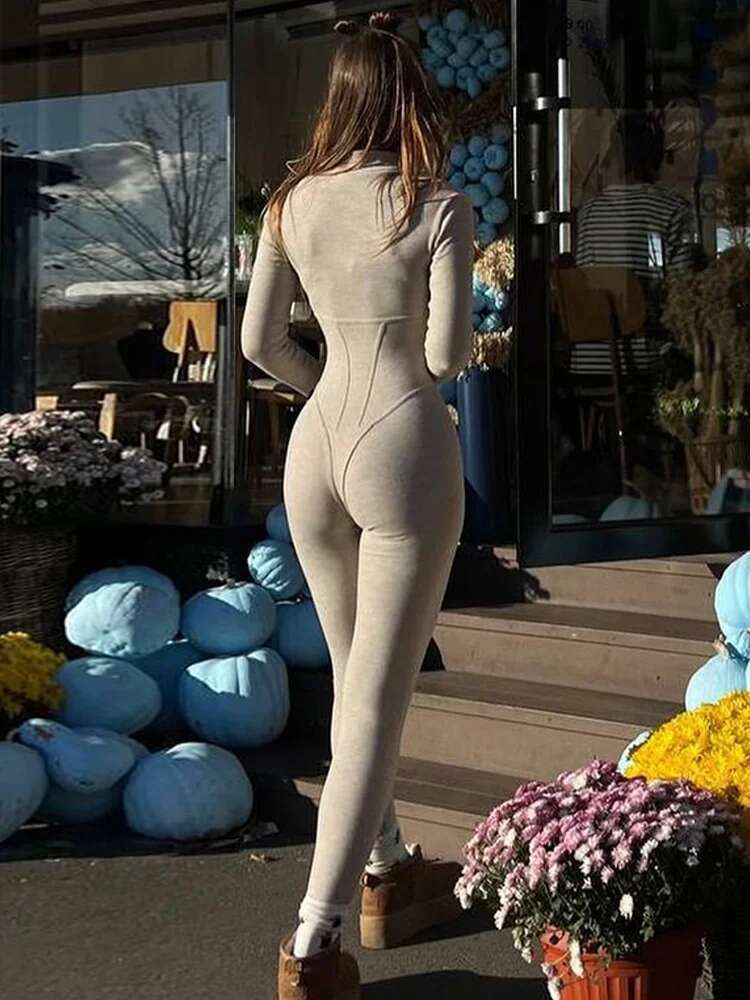 Nibber Zipper Women Jumpsuits Solid Skinny V-Neck Long Sleeves Autumn Winter Trend Classic Simple Comfortable Warm Sportswear