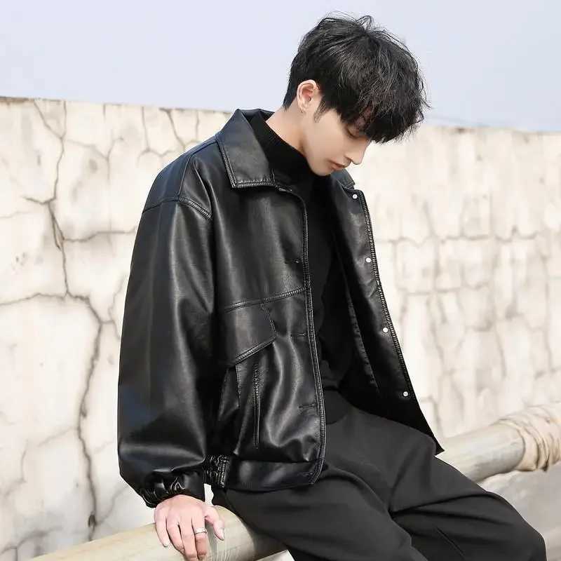Korean Version of The Trend Handsome Loose PU Leather Clothes Mens Spring and Autumn Fashion Locomotive Clothing Bomber JacketT250311