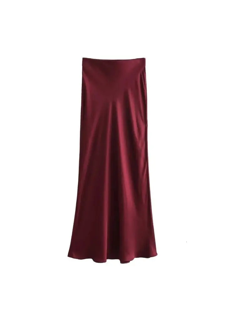TRZAWomens Flowing Satin Midi Skirt High Waist With Elastic Waistband Female Skirts Chic Fashion 250311