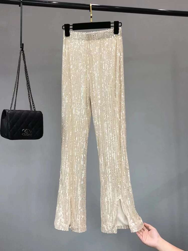 Pants Woman Elastic Waist Sequins Slit Cut Wide Leg Trousers Shiny Full Length Straight Female High Street 2023 New