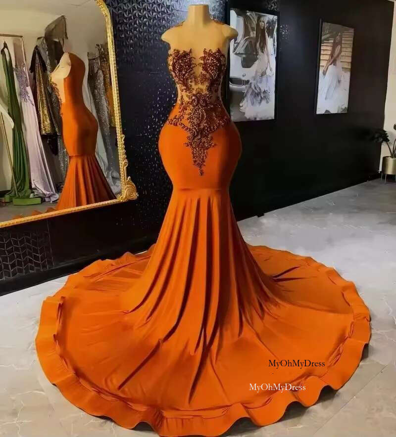 2025 Orange Mermaid Evening Dress For Black Girls Appliques Bead Prom Dresses Formal Party Gowns Customized