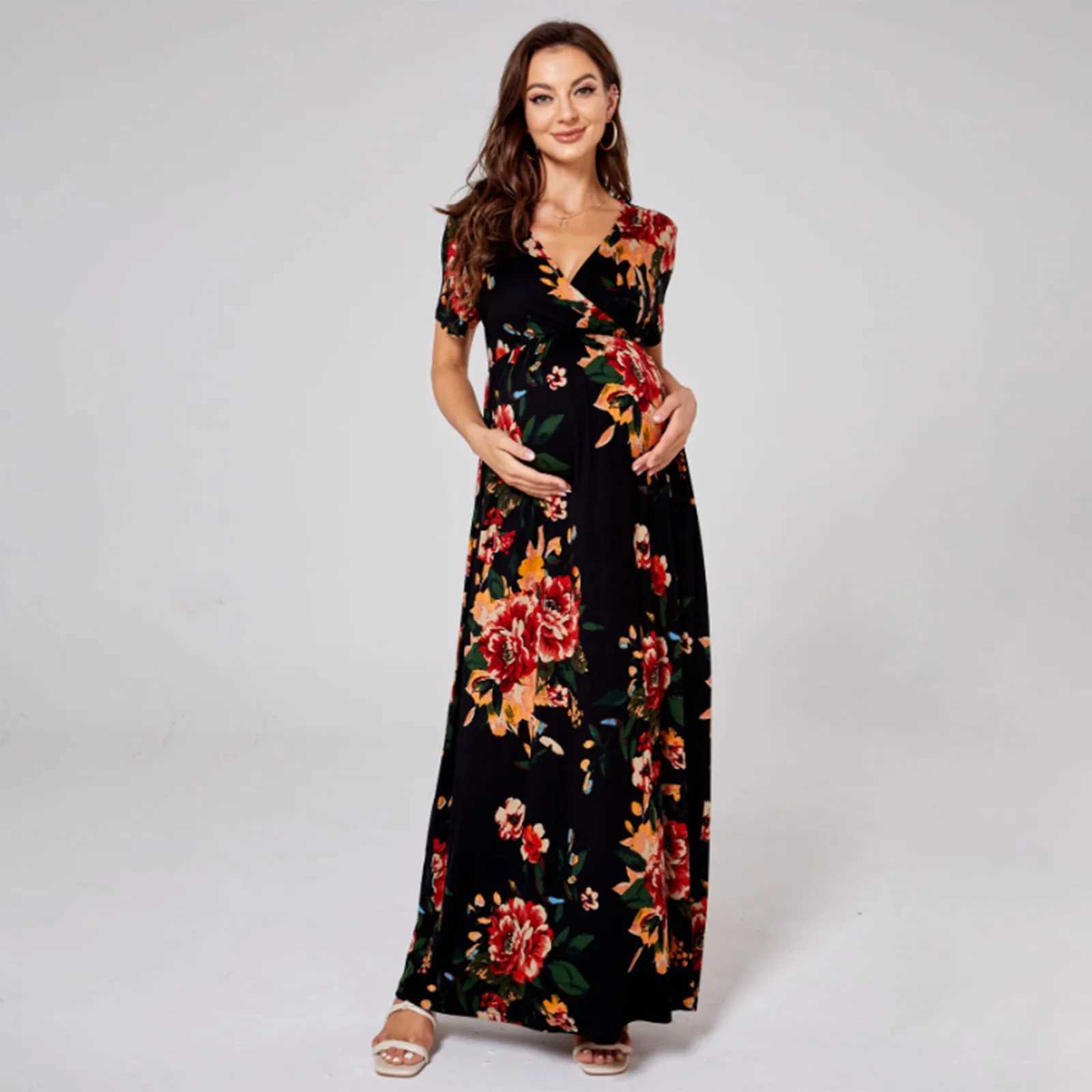 Womens Maternity Knit Dress Fashion Breathable Floral Short Sleeve DressT250311