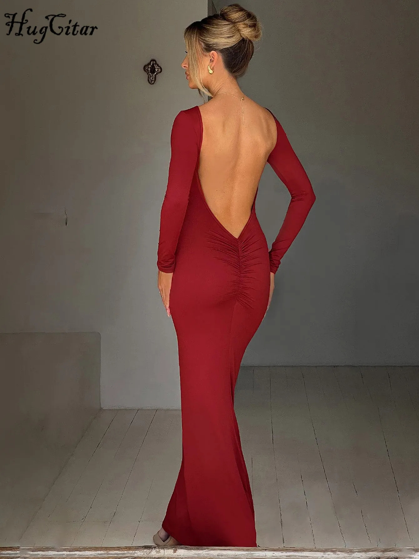 Hugcitar Spring Elegant Long Sleeve Backless Solid Cuched Sexy Bodycon Maxi Prom Dress Women Outfit Evening Party Festival Y2K 250311
