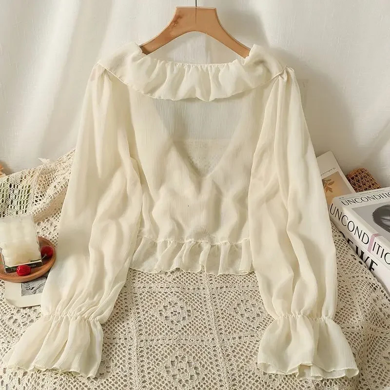 Womens Sweet Chiffon Sparkling Sleeves Sunscreen Shirt Summer Ruffle Edge Lace Beach Open Knitted Woolen Sweater Casual Outdoor Solid Loose Thin Coat 