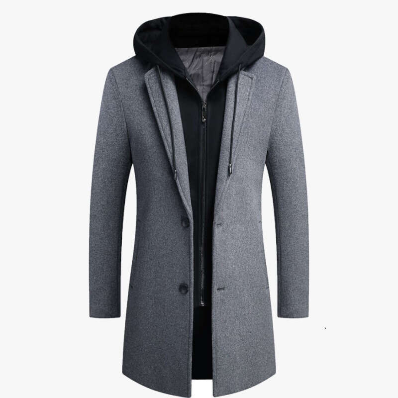 2023 New Korean Casual Woolen Medium Length Detachable Hat Trendy Coat Men's Wear