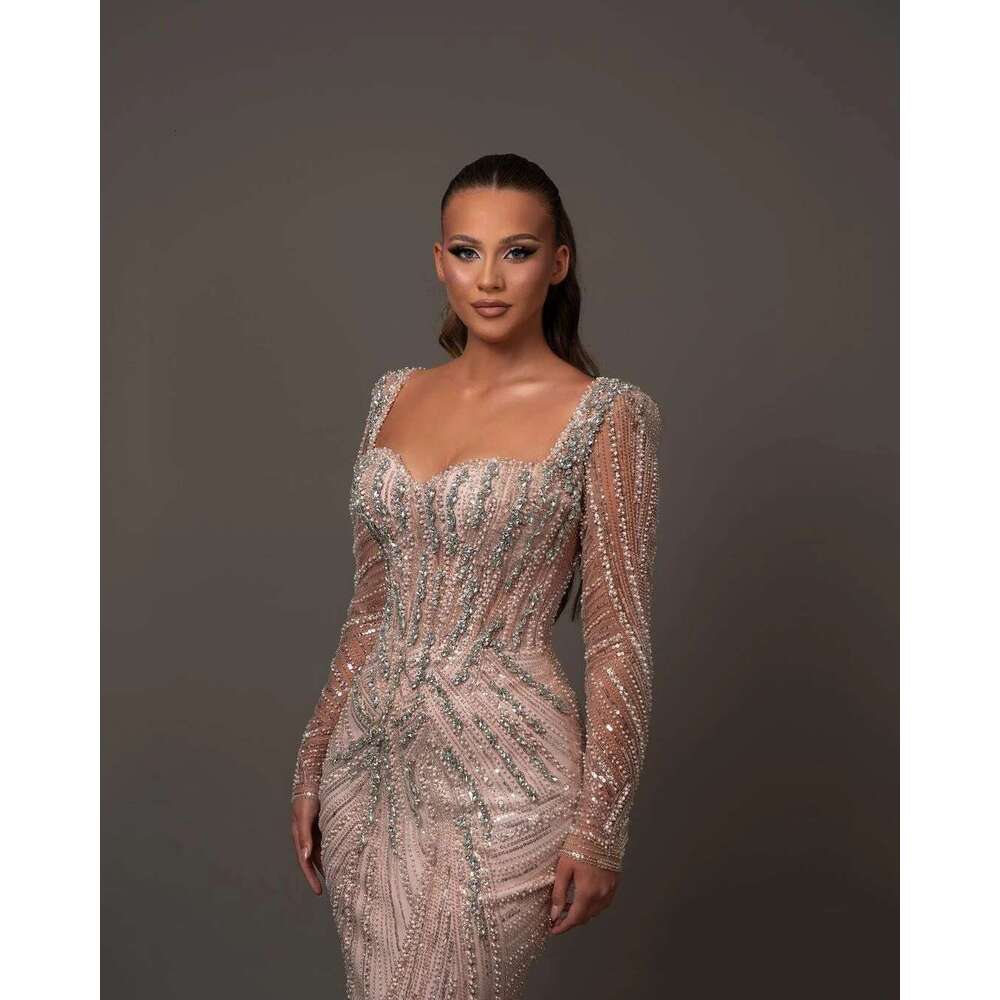Brilliant sequins and mermaid crystal dresses, custom evening dress, long sleeves, illusion, light pink, party