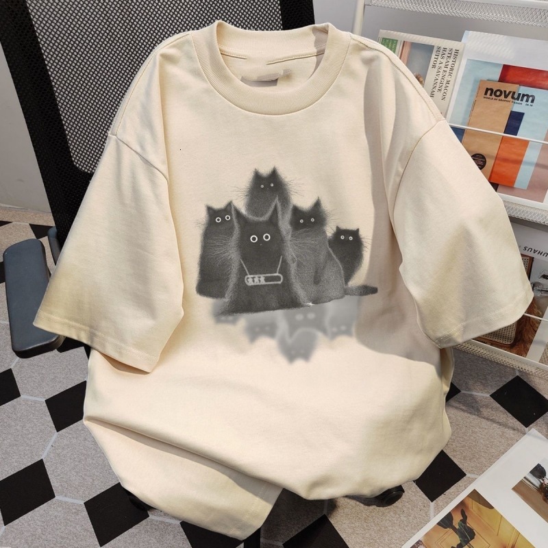 New cotton cat printed short sleeved designer women's T-shirt versatile, niche cute top 25 trendy styles to show off weight1