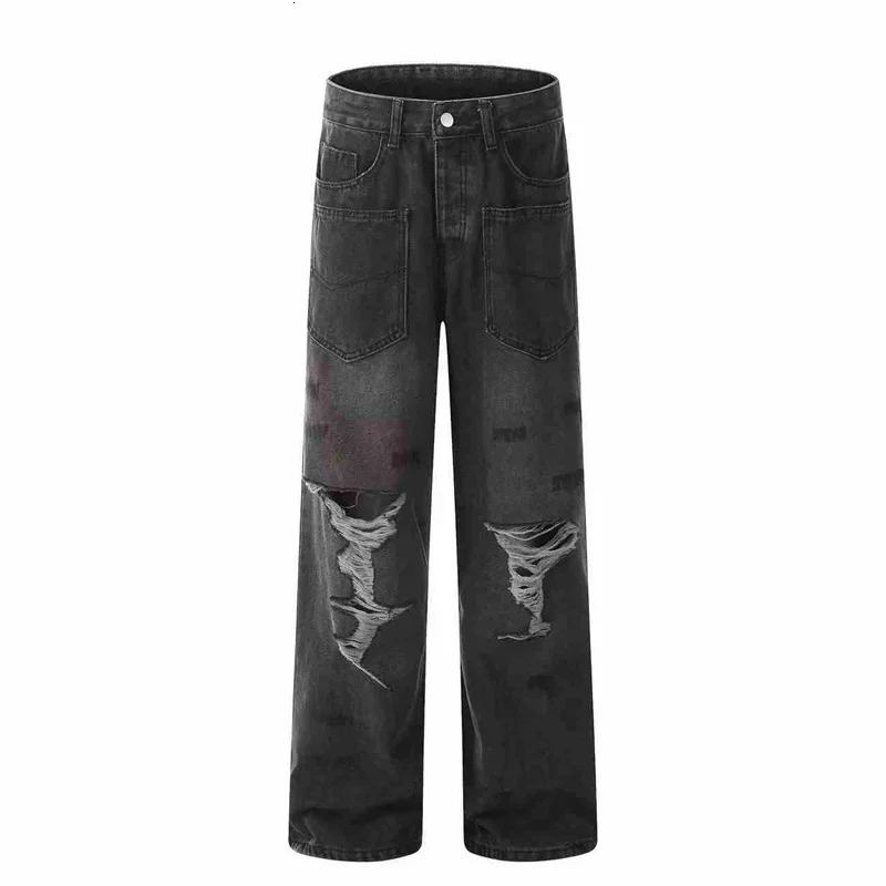 Spring American Retro Ripped Wide Leg Mens Jeans High Street Fashion Distressed Baggy Denim Pants Casual Y2K 250311