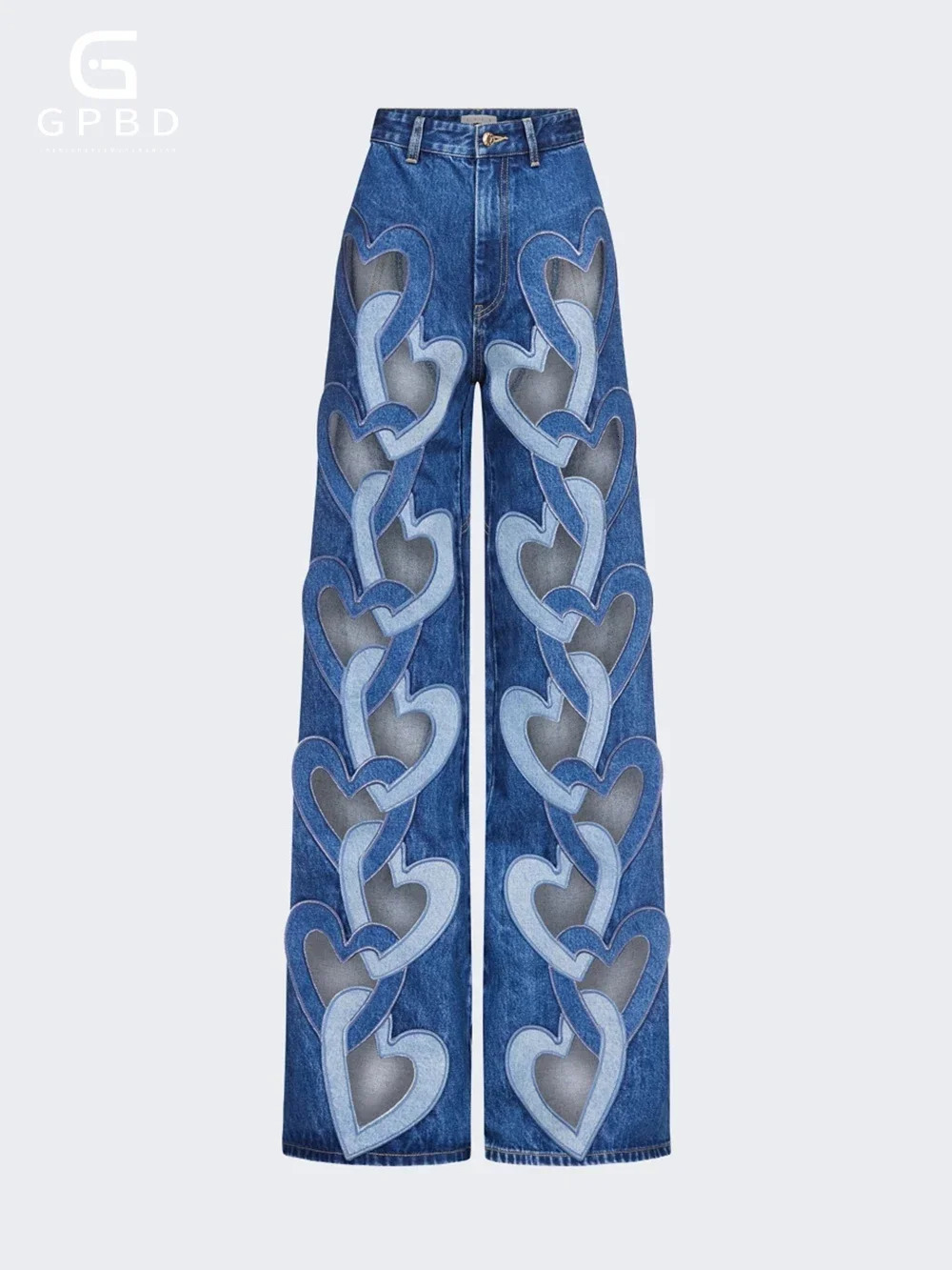 GPBD Fashion Women Jeans High Waist Heart Connectivity Contrast Color Hollow Out Straight Denim Pants 250311