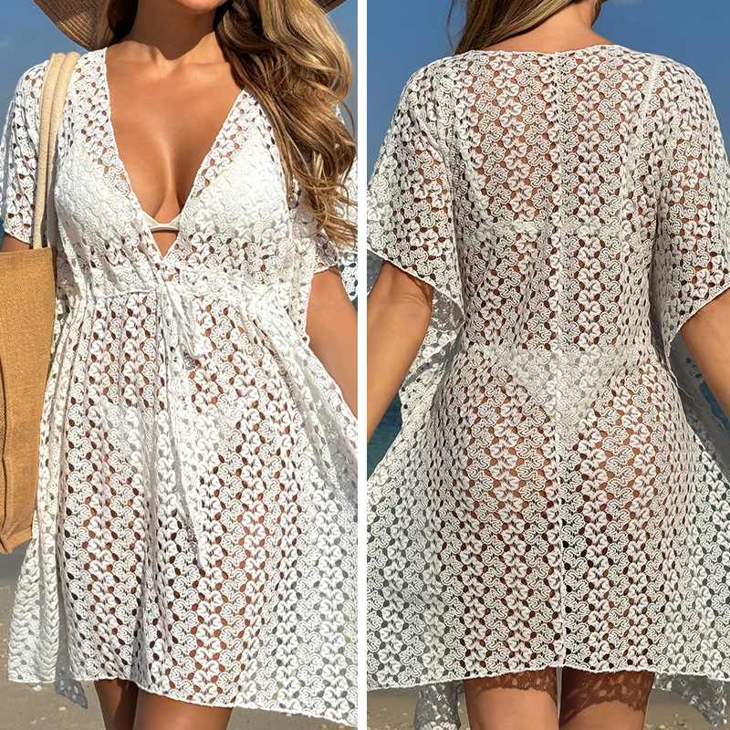 Women's Sexy Hollow Out Deep V-Neck Knitted Waist Cinched Sun Protection Beach Vacation Casual Hooded Skirt