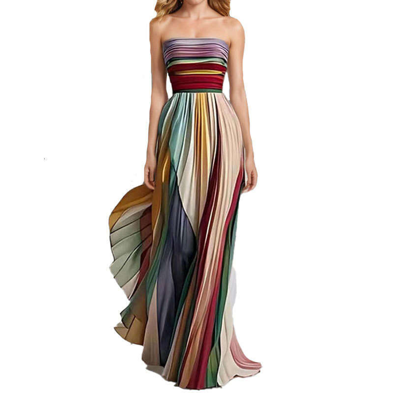 2025 Summer Women's Fashion Printed Sleeveless Strapless, High Waist, Long, Large Swing Dress KLMY