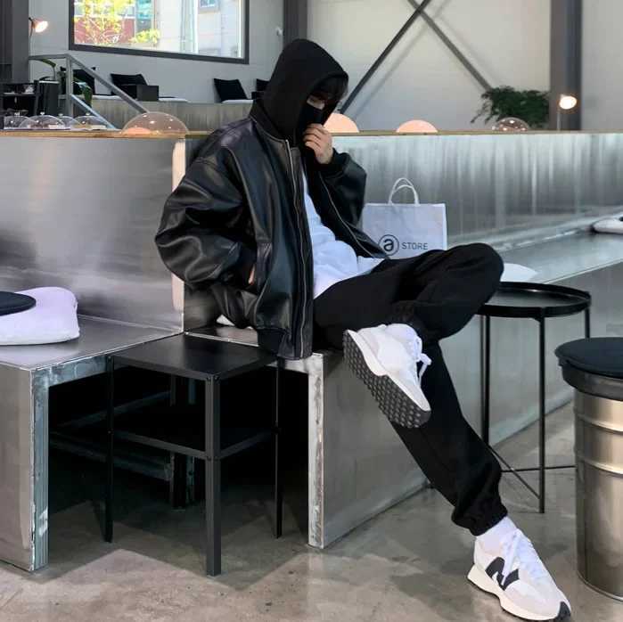 2023 Mens Casual Hooded PU Leather Jacket High Street Zipper Turn-down Collar Long Sleeve Retro Hoodie with Pocket AutumnT250311