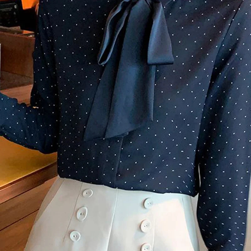Womens Spring Korean Simple Button Printed Polo Neck Shirt Full Match Fashionable Warm polka dot Long Sleeve 250311