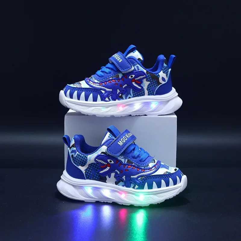 Spring New Childrens Sports Shoes Dinosaur Childrens LED Light Shoes Soft Sole Boys Causal Sneakers 2-6 Years OldXJ250311