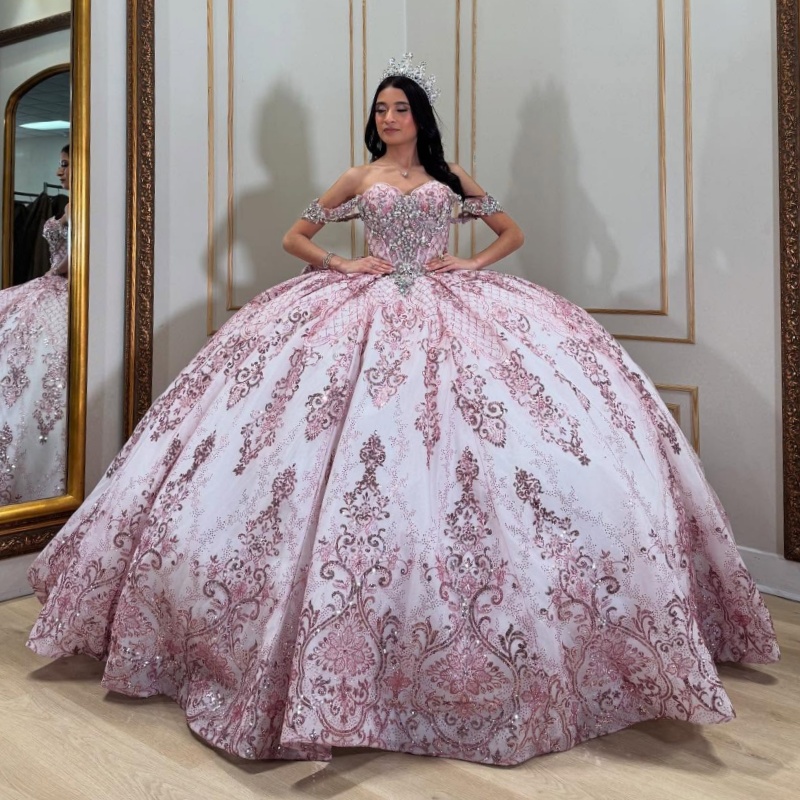 Pink Shiny Off Shoulder Quinceanera Dresses Sequin Applique Lace Beading Tull Bow Party Birthday Sweet 16 Dress Vestidos 15 De Anos